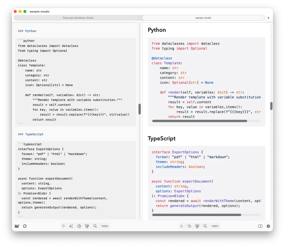 Telescopo Markdown Studio displaying source Markdown beside syntax-highlighted Python and TypeScript