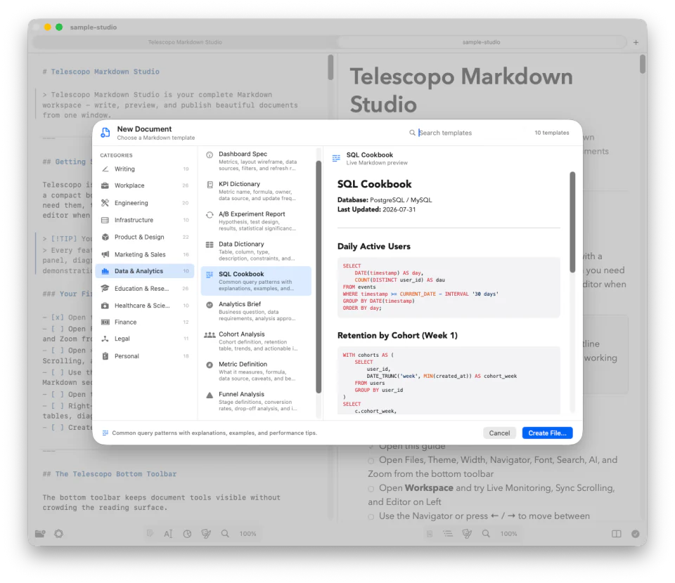 Telescopo Markdown Studio new document picker showing a SQL reference template