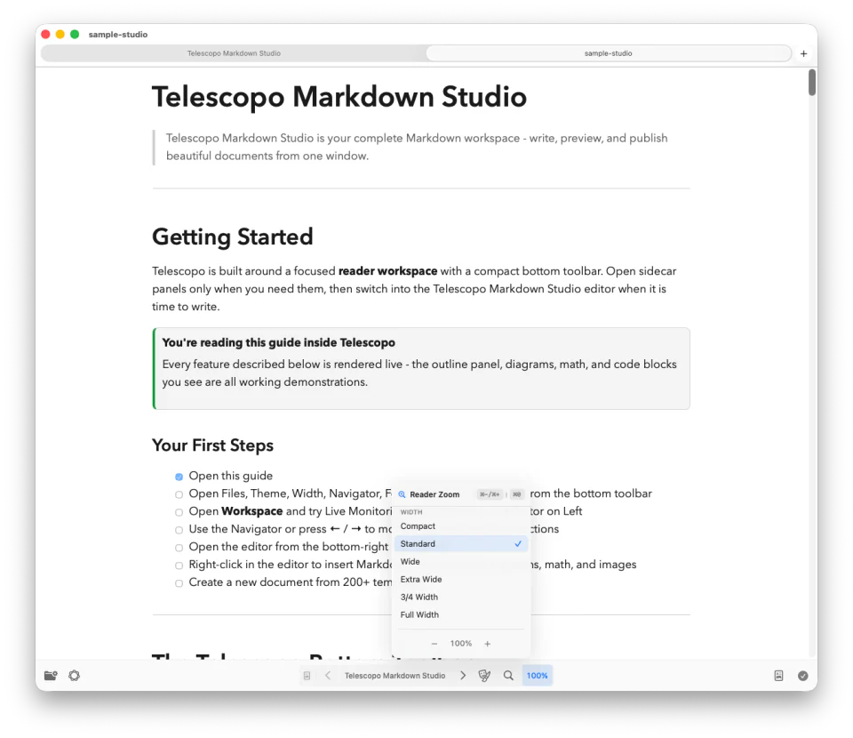 Telescopo Markdown Studio displaying a local Markdown document with adjustable reading width