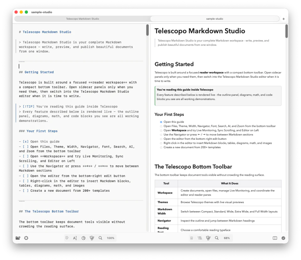 AI-generated Markdown source beside its rendered document in Telescopo Split view
