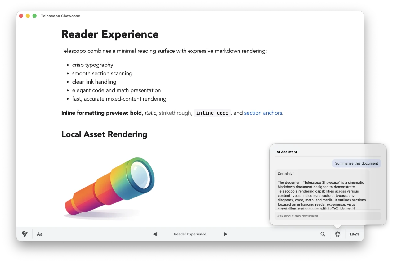Telescopo AI Assistant — on-device conversational AI for Markdown documents, powered by Apple Intelligence on macOS